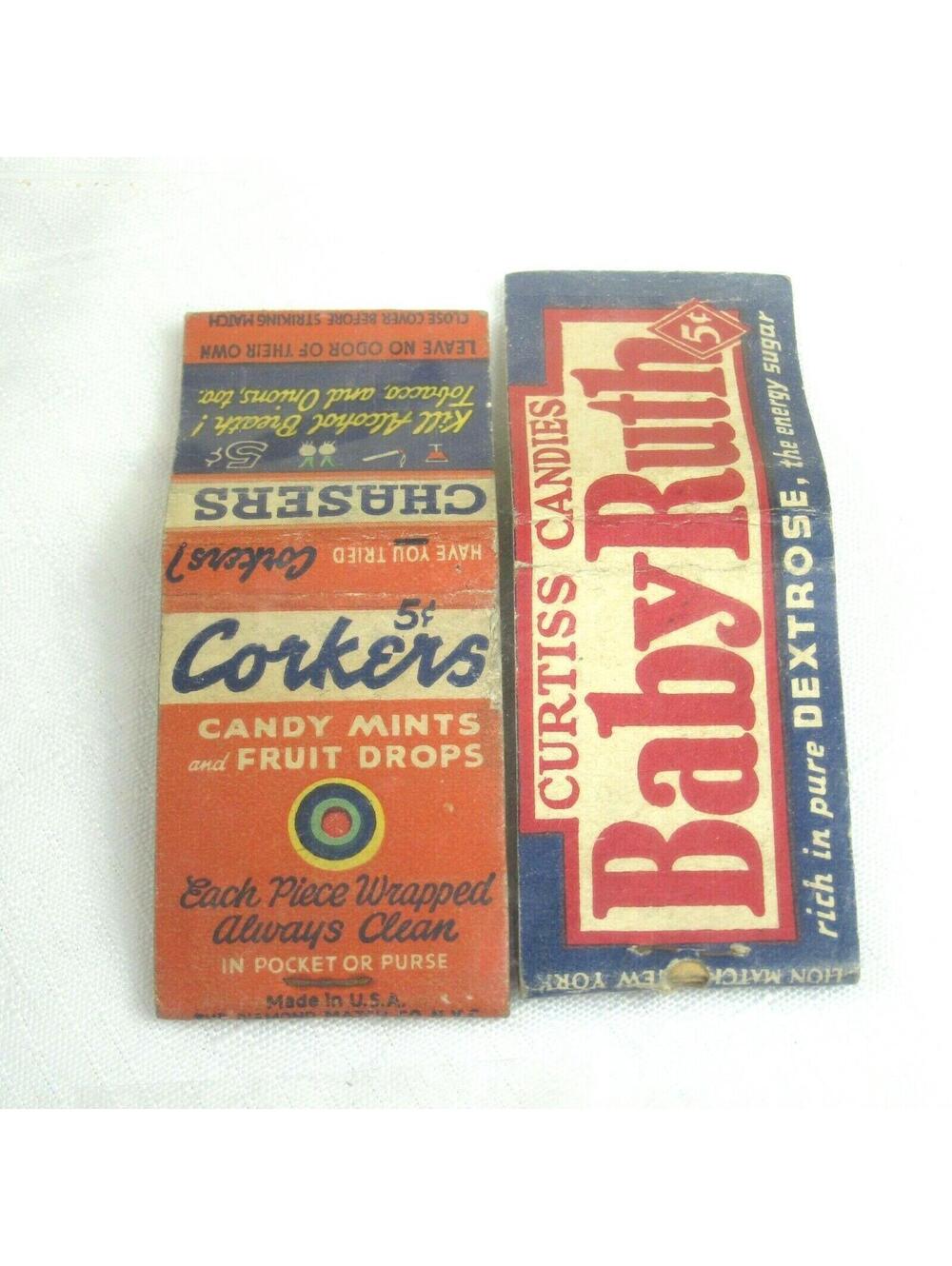 2 Vintage Matchbook Covers Curtiss Candies Baby Ruth & Corkers Chasers Candy